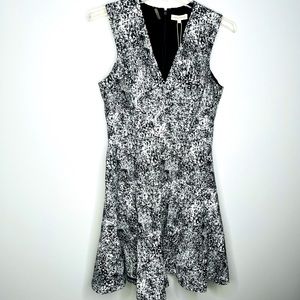 REBECCA TAYLOR DRESS, BLACK WHITE SLEEVELESS JACQUARD ANIMAL FIT & FLARE Dress